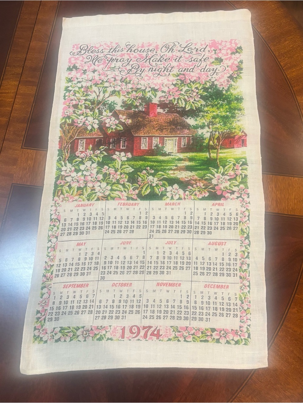 Vintage 1974 Linen Calendar Towel - "Bless This House" Home Blessing